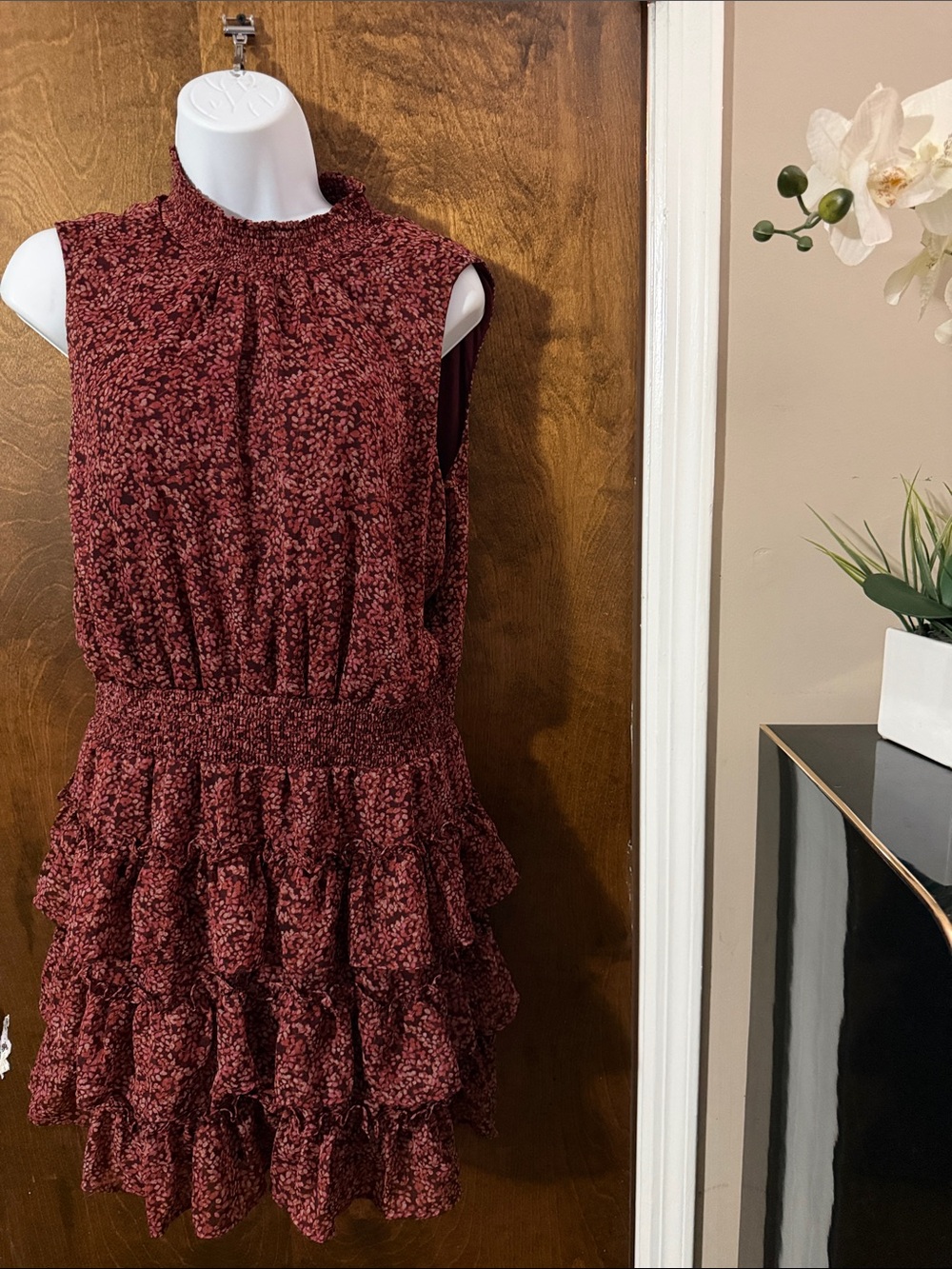 1. State Sleeveless Burgundy Textured Ruffle Mini Dress